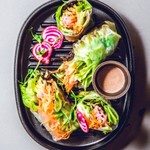 Fresh spring rolls with colorful vegetables and boiled kelp, soy milk mayonnaise