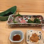 はらまさ - お造り：金目鯛・鯛　肝ソースで　