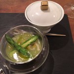 エスパイ クック コウベ - ハマグリ＆アスパラのスープ、フグ白子ほうれん草のピュレ