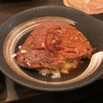 SATOブリアン - ヒレはすき焼き風に卵と；常連様のリクエストで少量のご飯と共に頂きます。