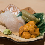 うを徳 - 2018.4 刺し盛り（淡路星鰈1.7kg、北海道昆布森バフンウニ、愛知フキ）