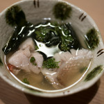 うを徳 - 2018.4 花山椒鍋1杯目（対馬ノドグロ、天津小湊キンメ、鳴門ワカメ）