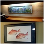 割烹 うめ笹 - 上：カウンター内の絵、下：店内の絵