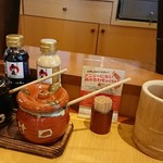 Tonkatsu Tamafuji - 薬味皿、辛口ソース&甘口ソース、ドレッシング二種