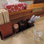 麺商人 - ●卓上調味料無し ●箸は割り箸、ティッシュ常備、店内禁煙。 　お冷や二杯目からセルフ、 　荷物棚がカウンター下に有り。