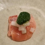 余市SAGRA - 春氷のキクイモと瞬間スモーク桜鱒　野生の白ヤマニンジンの葉のペースト