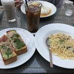 HOKI COFFEE TERRACE - アスパラとベーコンのクリームパスタ ¥900 生ハムとバジルのトースト ¥500 アイスコーヒー ¥400