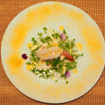 ビストロアム - ランチコース 4484円 の蟹みそのフラン オレンジのソース カリフラワーのピュレ