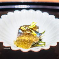 天満橋 藤かわ - 秋刀魚の焼き霜、 茄子、 みずのみ、 生姜酢のジュレ
