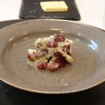 食堂セゾンドール - ◆呼子・地蛸柔らか煮　小豆とパルミジャーノ これ面白い組み合わせ。 柔らかく煮た蛸と小豆が意外に合いますし、パルミジャーノの味わいもいいアクセントに。