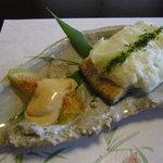 天毬 - 組肴（無花果の胡麻味噌和え、鰻の雲流焼き）