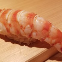 鮨 さかい - ⑦車海老(長崎県五島列島産)
                奥の厨房で茹でたての温かい車海老。
                お弟子さんが熱々を一生懸命剥いている様です。
                車海老はぷりぷり、シャリはググッと沈み込みます
                車海老の華やかな甘みと旨味が押し寄せます