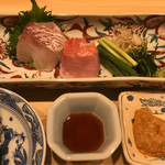 はらまさ - 鯛とキンメダイのお造り、あん肝ソースをお好みで