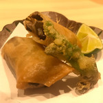 はらまさ - すっぽん春巻き、タラの芽は山椒塩で