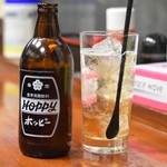 Tachinomidokoro - ＊ホッピー300円
      写真撮る前に注いでしまったのですが、焼酎の量が多い多い。外が1／3しか入らないな…
      後に、「なか」200円を追加。さらに1／3しか入らないくらい焼酎の量が多い。