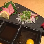 牛タン専門店 牛タン料理 Jyujyu - お造り３種盛り（たんとろ刺し、土佐風たたき、ユッケ）