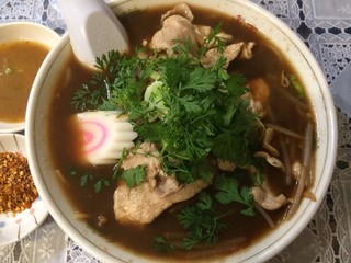 Ramen Roman - 「センレック・ナムトック・ムー」上から。大量に投入された「パクチー」との相性も抜群だ。「パクチー」に関しては、入れるかどうか予め確認してから調理してくれるので、苦手としている人も安心であろう。