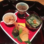 山中温泉　花紫 - ホタルイカの沖漬け。ナマコのうま煮、金沢しめじと厚焼き卵、甘海老