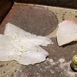 馳走 啐啄一十  - ⑦真鯛 (山口県柳井産・30%放血の脱水仕込み・5日寝かせ)
      
      ⑧真鯒(まごち)(広島県呉産・3日寝かせ)