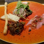 ファリナモーレ - ◆「Bランチ」おまかせ前菜２種 「庄内浜の魚のカルパッチョ」「庄内の畑の野菜サラダ」