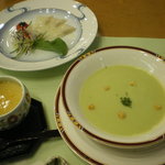 かんぽの宿 日田 - 夕食。ヒラメのマリネ・ふかひれ蒸し・野菜スープ