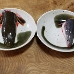 かぶと - 左・天然の頭、右・養殖の頭
