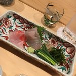 はらまさ - お造り：金目鯛・鯛　あん肝ソースで