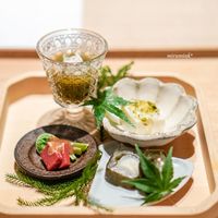 恵比寿 米ル - もずく、蟹身 帆立のムース、あおさのジュレ 龍飛巻き こごみと赤蒟蒻の胡麻クリーム