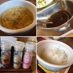 ブロンコビリー - ランチセットのスープとハンバーグソース
卓上スパイス類＆大かまどごはん(小)