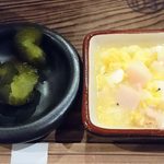 86290443 - 山芋の多い料理店 ＠西葛西 ランチ 冷たいぶっかけ山芋そばとちびとろろめしに付く帆立の玉子とじと青かっぱ漬け