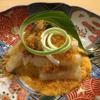 旬菜 おぐら家 - ホワイトアスパラガス米粉揚げ からすみと玉子ソース