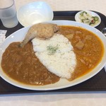 J&T AIGAKE CURRY  - ④九州産豚バラ肉煮込みカレーと⑧タイチキンマッサマンカレーのあいがけカレー＋骨つき鶏あし肉のトッピング