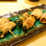 菊川魚河岸 一 - 豚巻きニラ串、椎茸串