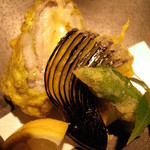 Wadainingusatsuki - コースの太刀魚のチーズ巻き天婦羅♪　カリッっと揚がった衣に柔らか太刀魚から出てくるチーズ♪