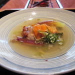 高台寺 和久傳 - 8.炊合せ:クエ 雲丹 蕗の薹の餡かけ('18.3月初旬)