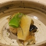 すし宮川  - 蓴菜ポン酢ジュレ　茄子の揚げ浸し　ホワイトアスパラ　など