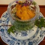 蓬左茶寮 - 先附②:雲丹、子持ちシャコ、アワビ