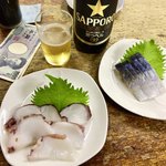 富士屋本店 - 〆さば&地ダコの刺身&瓶ビール