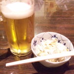 토리야스 - かんぱ～い♪の生ビール（飲みかけ）とお通し♪