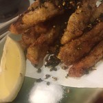 焼鳥 酉たけ - ごぼうの唐揚げ　レモンと塩でいただきますがそのままでも大変美味しいです　黒いツブツブは生七味　味のアクセントとして活躍してくれます