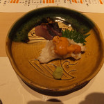 炭火割烹 大嶋 - 炙り造里：鱧、雲丹醤油、伊佐木、炙り若芽ポン酢