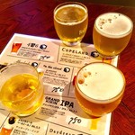 Gee - 「クラフトビール 飲み比べセット」(500円)。4種類のはずが、この日は2種類しかなく、意味なし。