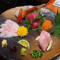 のどぐろ専門 銀座中俣 はなれ - ■造身■　のど黒刺身、薄造り 鮮魚五点盛合せ