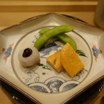 すし処 睦月 - 枝豆、里芋、たいらぎ貝明太子ソース