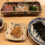 はらまさ - 金目鯛、鯛のお刺身。あん肝ソース、海苔で巻きます。