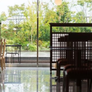 The store has an open feel with a view of the rooftop garden