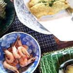 魚山人 - 鯵の天ぷら➕茹でた海老