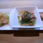 Isai Chuugoku Saikan Kokyuu - 海老と水菜の和え物、春キャベツのホイコーロ、春巻き