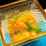 柏屋 大阪千里山 - 車海老昆布〆 生雲丹 四角豆 ミニオクラ 海老出汁煮凝り 酢橘 松の実あん