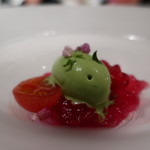 シュマン - トマトと赤紫蘇のジュレ 青じそのアイス添えアップ